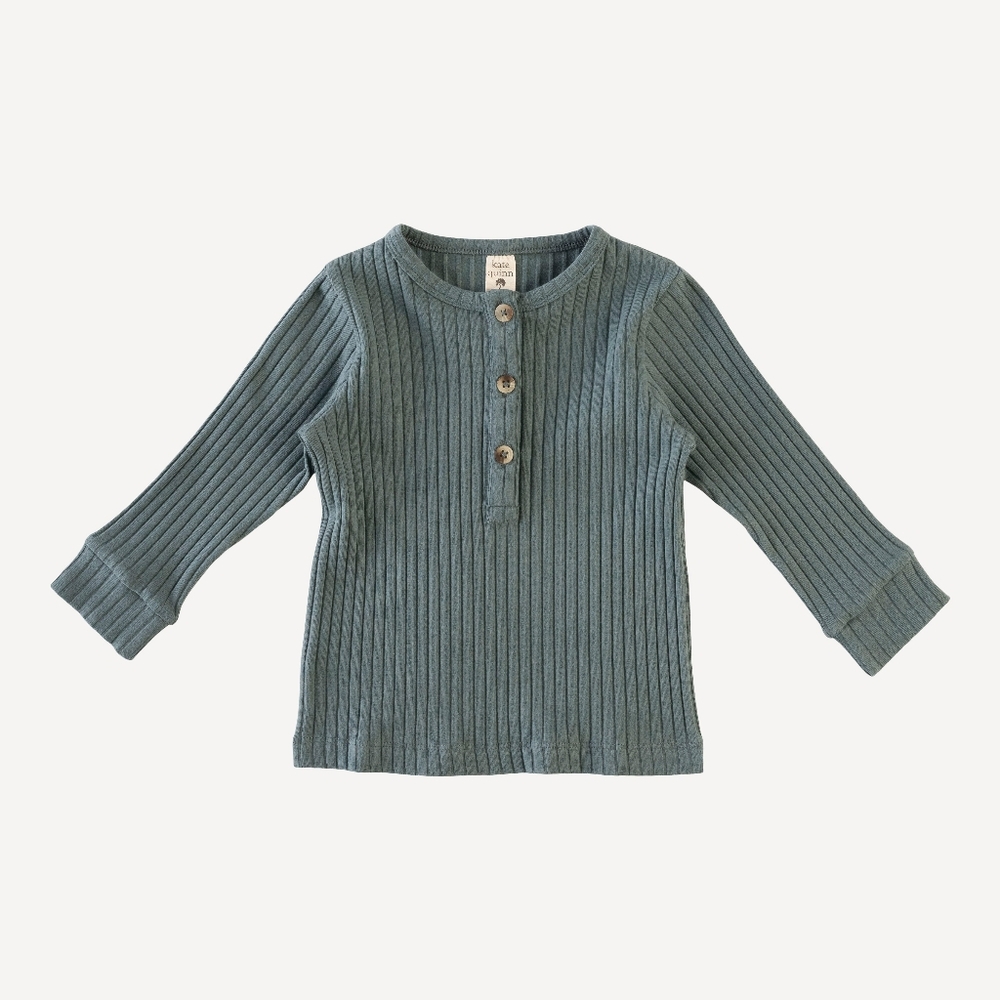 NWT 8Y Kate Quinn Long Sleeve Basic Cuffed Henley Tee Stormy Weather Wide Rib